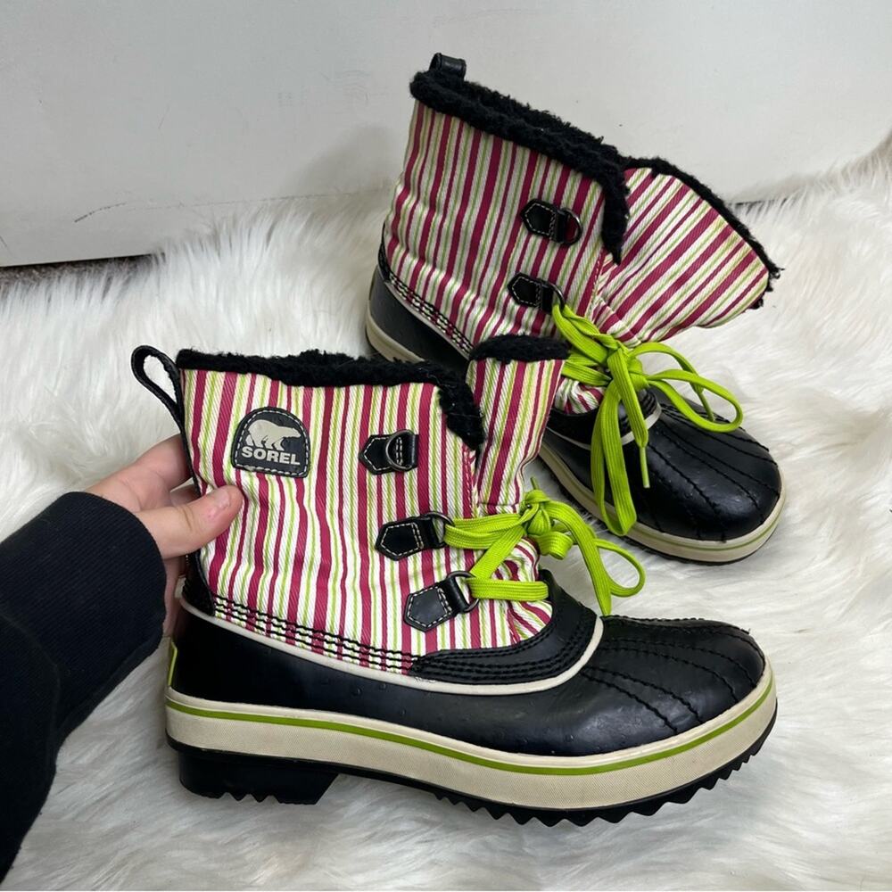 Sorel Striped Fuzzy Lined Lace Up Mid Calf Winter Snow Boots Size 6
